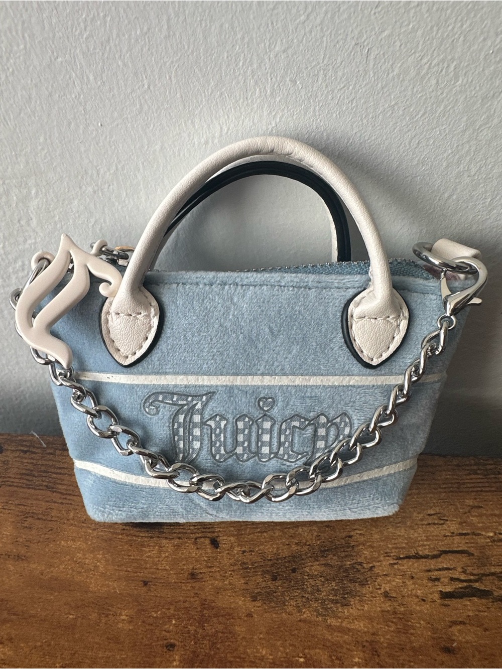 Juicy Couture Light Blue Mini Bag Bag Charm Keychain White Trim and Silver Chain